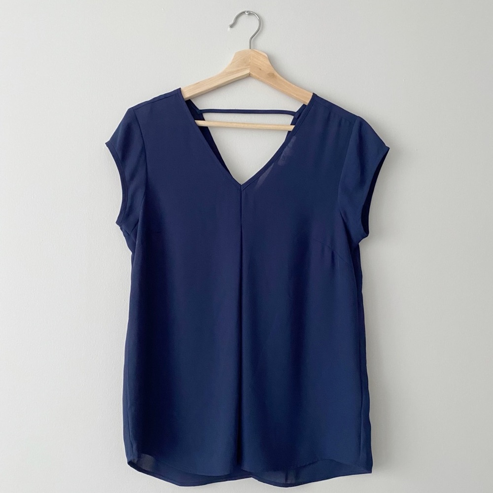 DR2 Navy Dark Blue Short Sleeve Loose Fit V-neck Blouse S